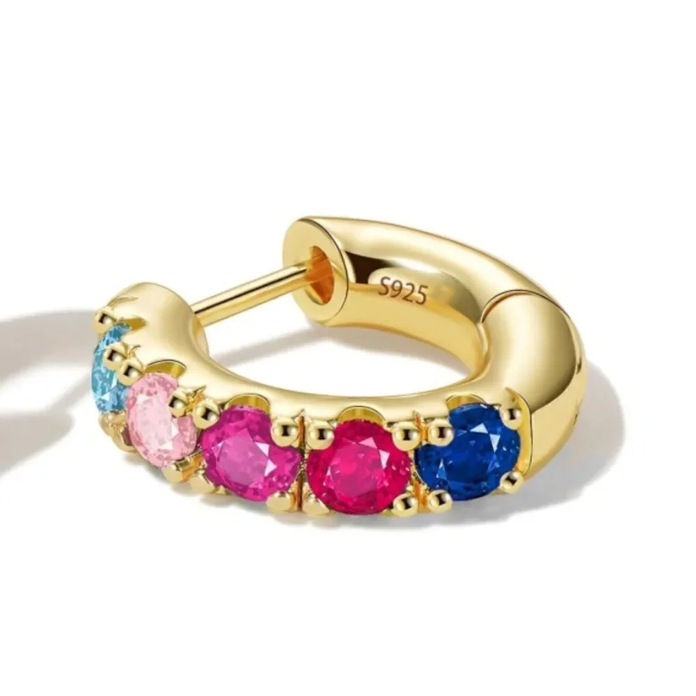 14K Yellow Gold Sterling Silver and Multicolor Cubic Zirconia Huggie Earrings